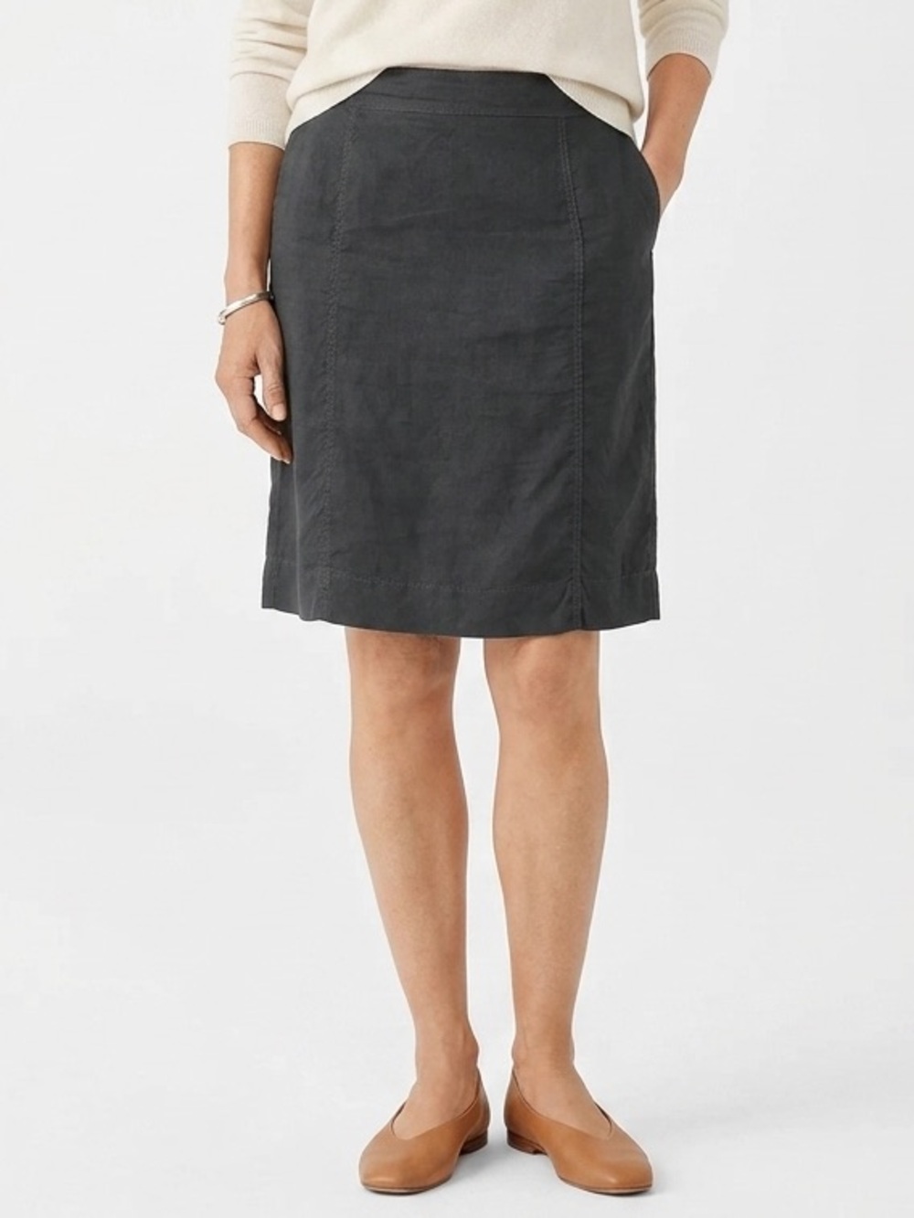 Eileen Fisher Linen Blend Minimalist Skirt Gray Back Slit Medium Officer Work